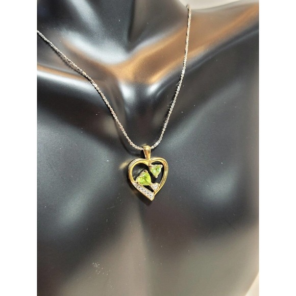 Hearts in Heart Diamond & Green Peridot Gold Vermeil 17" Necklace 925 Danecraft - Picture 2 of 8
